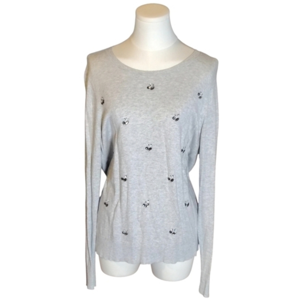 Vintage Merona Gray Long Sleeve Scoop Neck Sweater With Silver Jewels Size Large